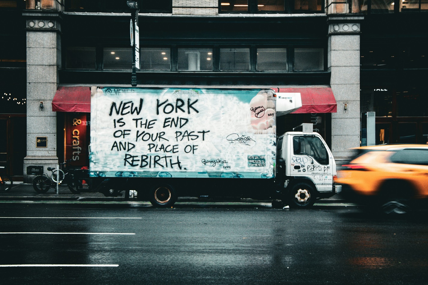 A truck in new york city displays a message.