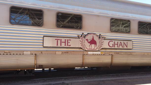 Alice Springs Train Station Alice Springs, Northern Territory, Australia - Aug 29, 2019: famous Ghan railway at a morning stop in Alice Springs Train Station and The Ghan Memorial: statue of Afghan worker and camel. Australia's Ghan train travels stock pictures, royalty-free photos & images