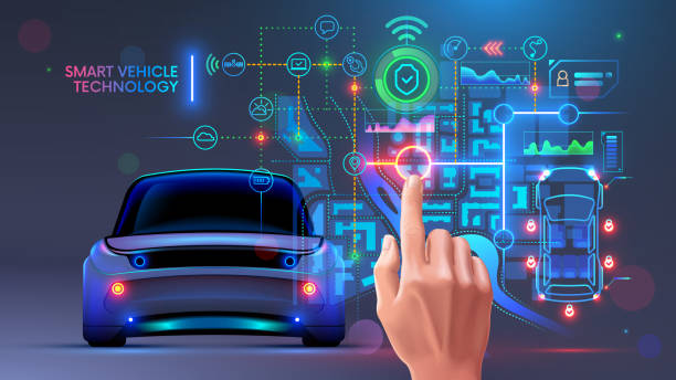 automotive vehicles system. Diagnostic interface of autonomous car. IOT. Future automotive smart vehicles intelligent system concept. Computer virtual diagnostic interface of autonomous car. Data about security, technical state, gps, battery charge on hud dashboard. IOT. Using smart tools is helpful stock illustrations
