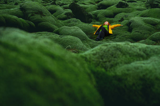 Feeling so happy to get away from it all in Iceland Woman posing in Icelandic moss lying on back looking up feeling happy with toothy smile Iceland: Nature and Peace stock pictures, royalty-free photos & images