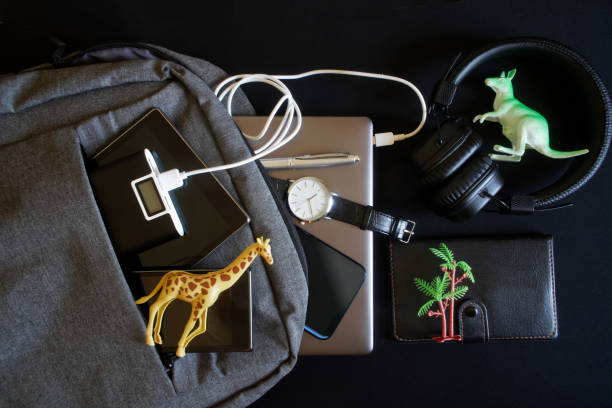 Gadgets, power bank, gray textile backpack and toy exotic animals on a dark surface. Concept for the traveler who dreams of ending the coronavirus pandemic and lifting restrictions Gadgets, power bank, gray textile backpack and toy exotic animals on a dark surface. Concept for the traveler who dreams of ending the coronavirus pandemic and lifting restrictions. View from above A light load of tech items Smart Travel stock pictures, royalty-free photos & images