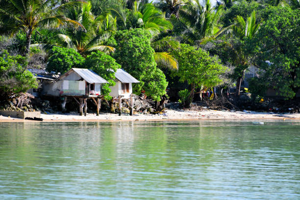 Houses on stilts, Banraeaba, Ambo motu, South Tarawa, Kiribati Banraeaba, Ambo motu, South Tarawa, Kiribati: village houses, built on stilts over the beach with tropical forest in the background. The Quietness of Micronesia stock pictures, royalty-free photos & images