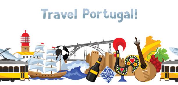 Portugal background design. Portuguese national traditional symbols and objects Portugal background design. Portuguese national traditional symbols and objects. Portugal: Warm and welcoming fortravel stock illustrations