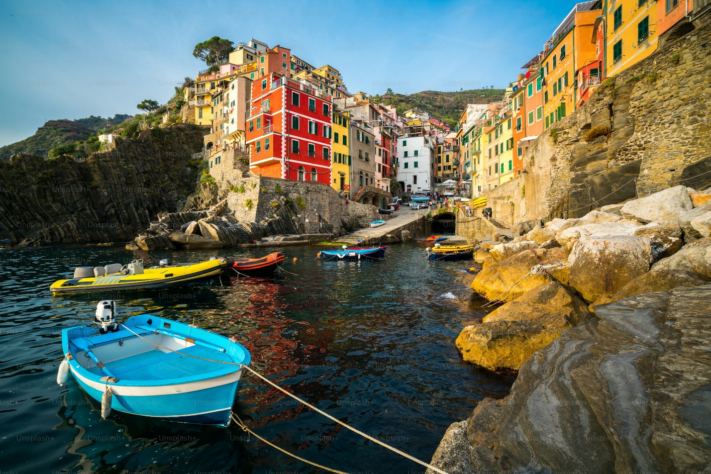 Riomaggiore of Cinque Terre, Italy - Traditional fishing village in La Spezia, situate in coastline of Liguria of Italy. Riomaggiore is one of the five Cinque Terre travel attractions.