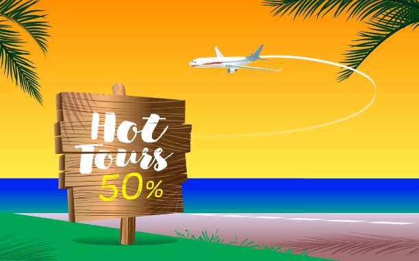 Summer time poster with wooden board on seaside and an aircraft on evening sky. Summer time poster with wooden board on seaside and the aircraft on evening sky. Why Off-Season Travel Can Be the Best Choice stock illustrations